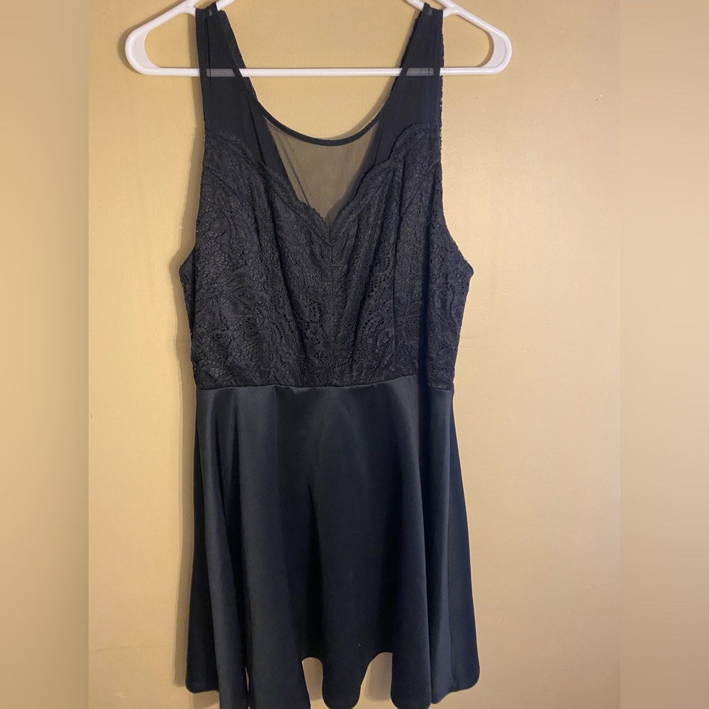 Francesca’s Black A-Line Mini Dress with Lace and Mesh Detail